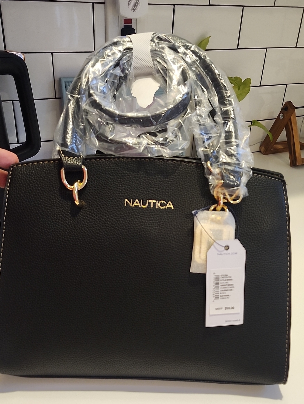 Nautica Black Pebble-Textured Satchel with Gold Hardware